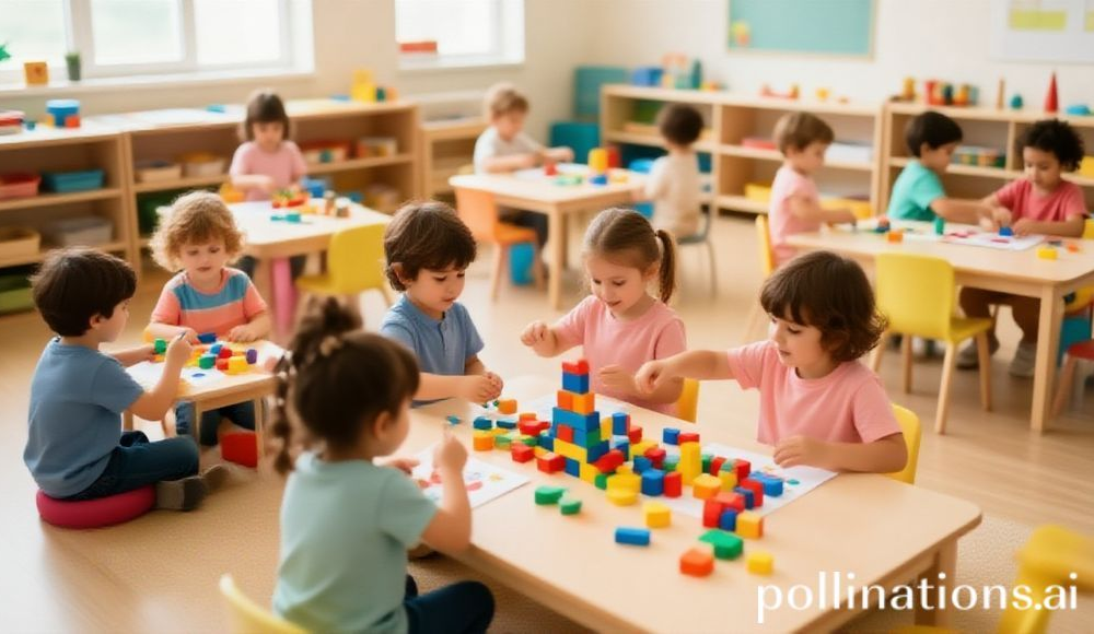 Vibrant and colorful kindergarten classroom, children happily engaged in various play-based learning activities like building blocks, painting, and storytelling, warm natural light, soft pastel colors, educational toys scattered around, joyful atmosphere, ultra realistic, highly detailed, 8k quality, photorealistic
