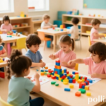 Vibrant and colorful kindergarten classroom, children happily engaged in various play-based learning activities like building blocks, painting, and storytelling, warm natural light, soft pastel colors, educational toys scattered around, joyful atmosphere, ultra realistic, highly detailed, 8k quality, photorealistic