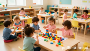 Vibrant and colorful kindergarten classroom, children happily engaged in various play-based learning activities like building blocks, painting, and storytelling, warm natural light, soft pastel colors, educational toys scattered around, joyful atmosphere, ultra realistic, highly detailed, 8k quality, photorealistic