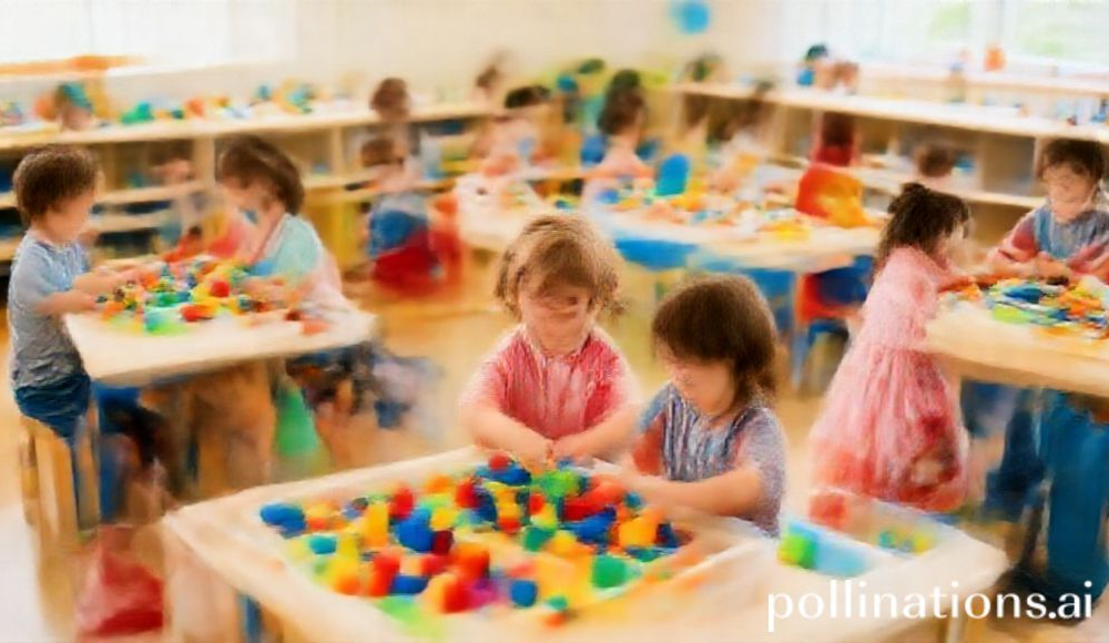 A vibrant and colorful kindergarten classroom filled with children engaged in various play-based learning activities. Kids are building with large blocks, playing dress-up, and exploring sensory bins. The room is bright with natural light, showing a warm and inviting atmosphere. Focus on happy children and diverse learning stations, educational, joyful, high detail, photorealistic