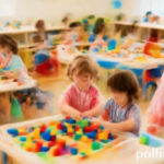 A vibrant and colorful kindergarten classroom filled with children engaged in various play-based learning activities. Kids are building with large blocks, playing dress-up, and exploring sensory bins. The room is bright with natural light, showing a warm and inviting atmosphere. Focus on happy children and diverse learning stations, educational, joyful, high detail, photorealistic