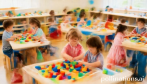 A vibrant and colorful kindergarten classroom filled with children engaged in various play-based learning activities. Kids are building with large blocks, playing dress-up, and exploring sensory bins. The room is bright with natural light, showing a warm and inviting atmosphere. Focus on happy children and diverse learning stations, educational, joyful, high detail, photorealistic