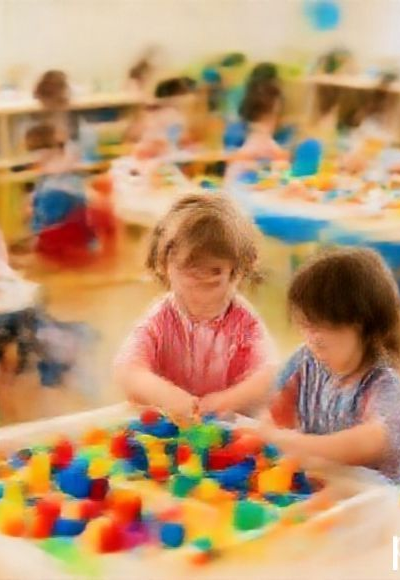 A vibrant and colorful kindergarten classroom filled with children engaged in various play-based learning activities. Kids are building with large blocks, playing dress-up, and exploring sensory bins. The room is bright with natural light, showing a warm and inviting atmosphere. Focus on happy children and diverse learning stations, educational, joyful, high detail, photorealistic