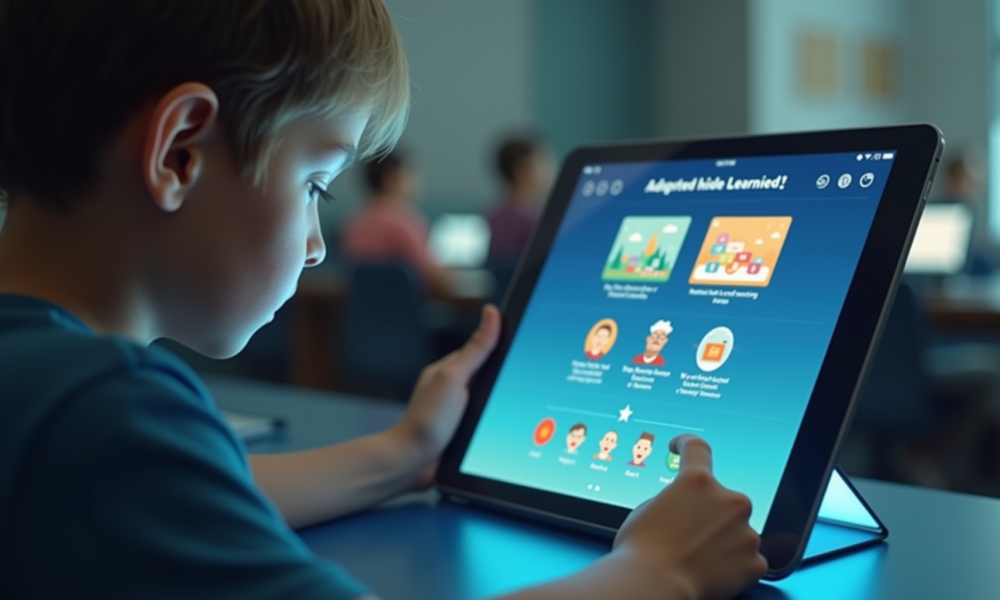 A student interacting with an adaptive learning platform on a tablet, content dynamically changing based on their progress and understanding, futuristic classroom setting with soft lighting, educational technology, ultra realistic, highly detailed, 8k quality, photorealistic