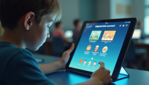 A student interacting with an adaptive learning platform on a tablet, content dynamically changing based on their progress and understanding, futuristic classroom setting with soft lighting, educational technology, ultra realistic, highly detailed, 8k quality, photorealistic