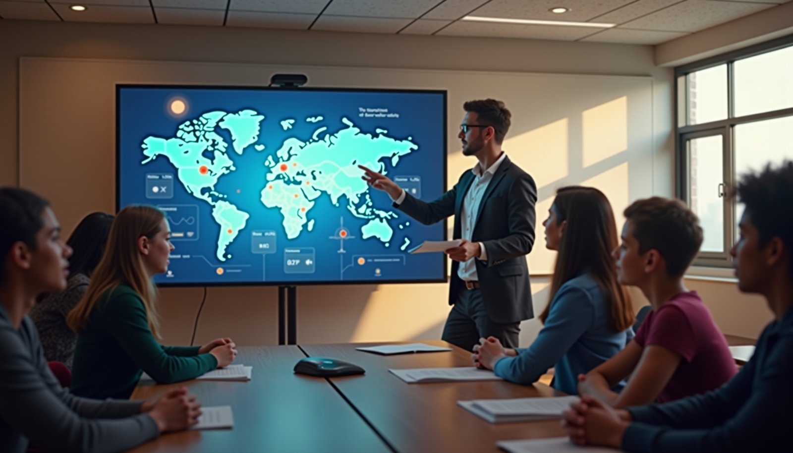 gizli - A teacher interacting with students in a modern classroom, using a large interactive screen displaying AI-generated p